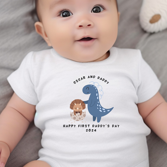 Personalised 1st Fathers Day Dinosaur Baby Outfit: Bib, Vest, Baby Grow